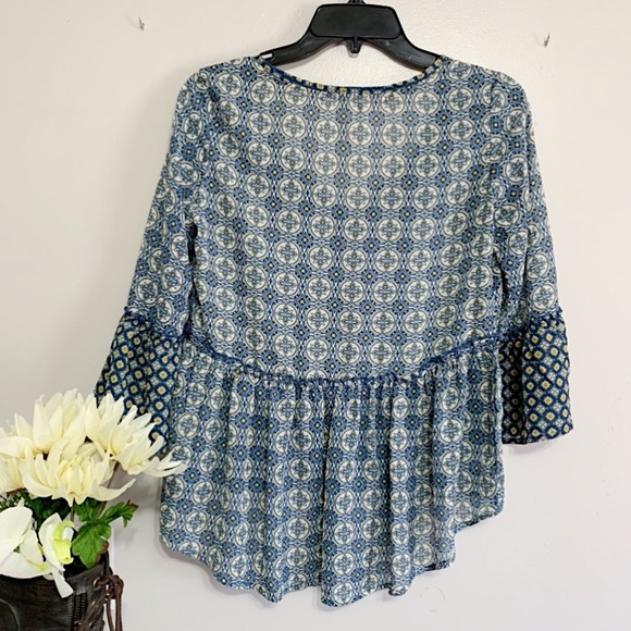 Jolt Women's Blue Tie Neck 3/4 Bell Sleeve Peasant Top - Picture 6 of 8